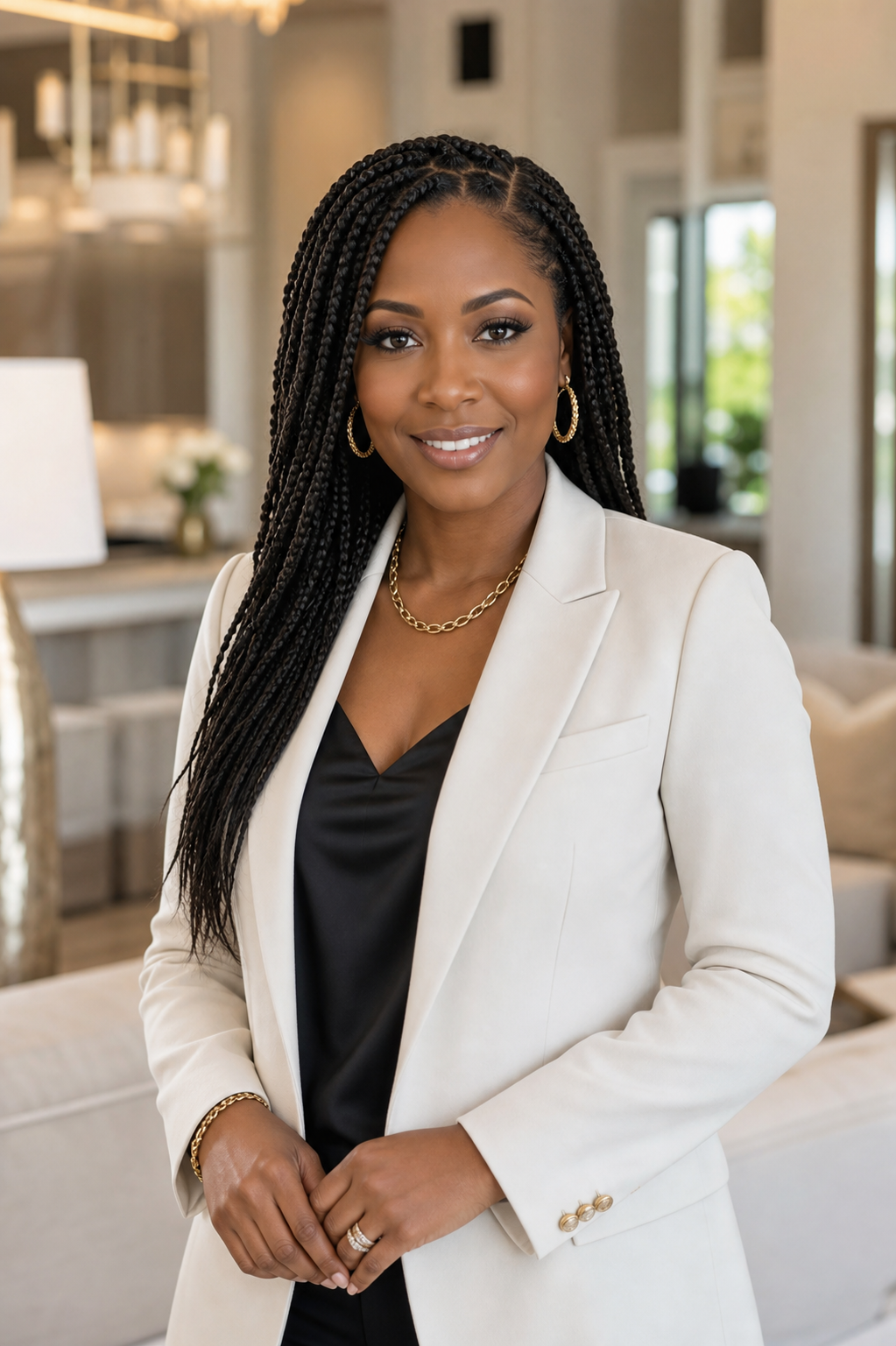 Demo portrait of an African American woman realtor with braided hair